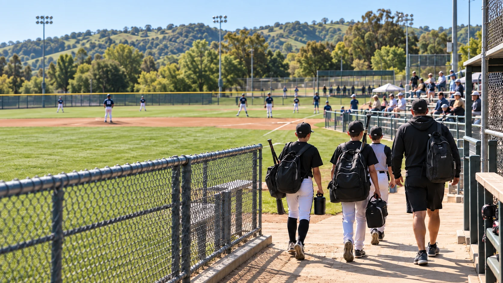 Conceptual artwork of youth baseball players and a coach arriving at a Northern California ballpark.
